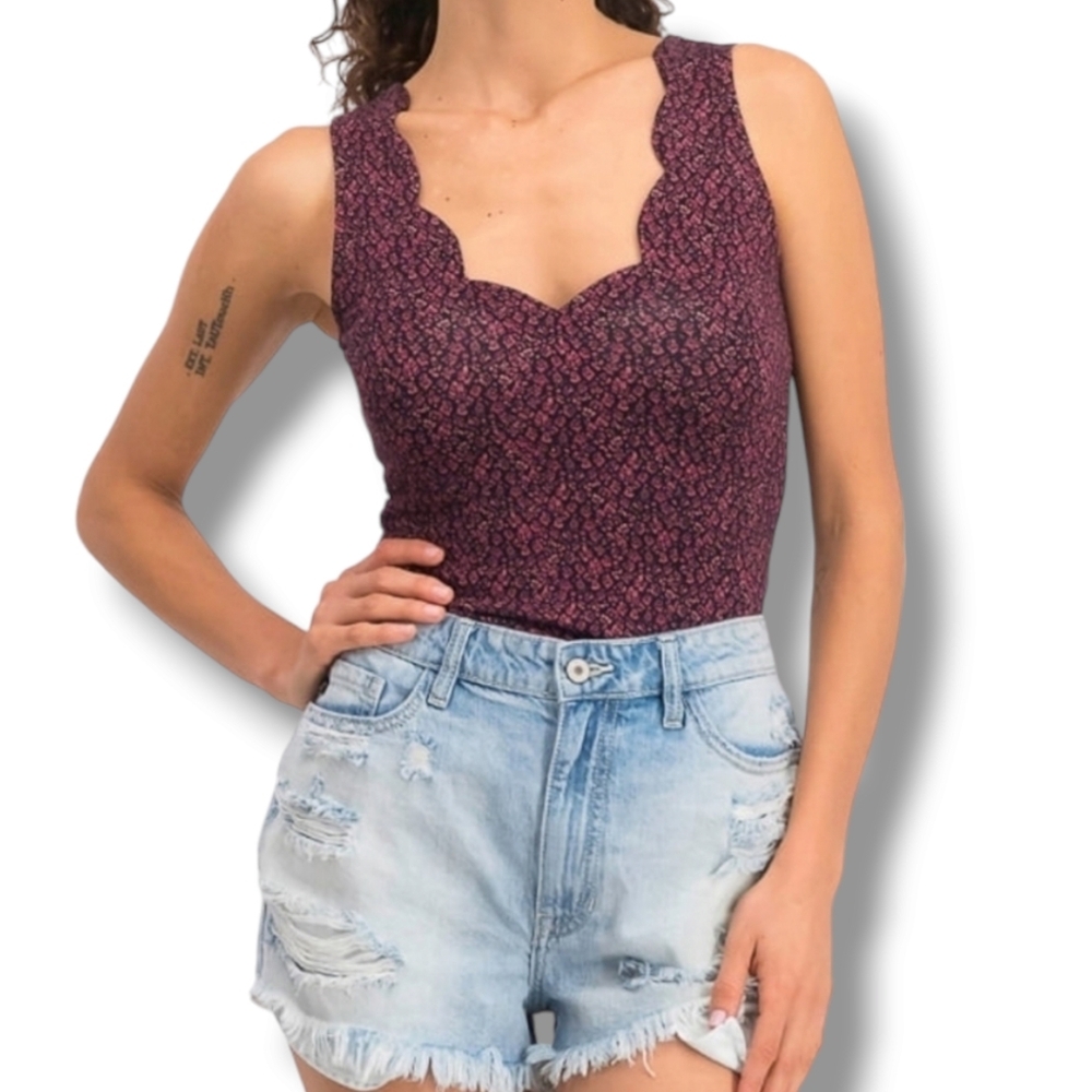 Nine Britton Floral Scalloped Neck Bodysuit
